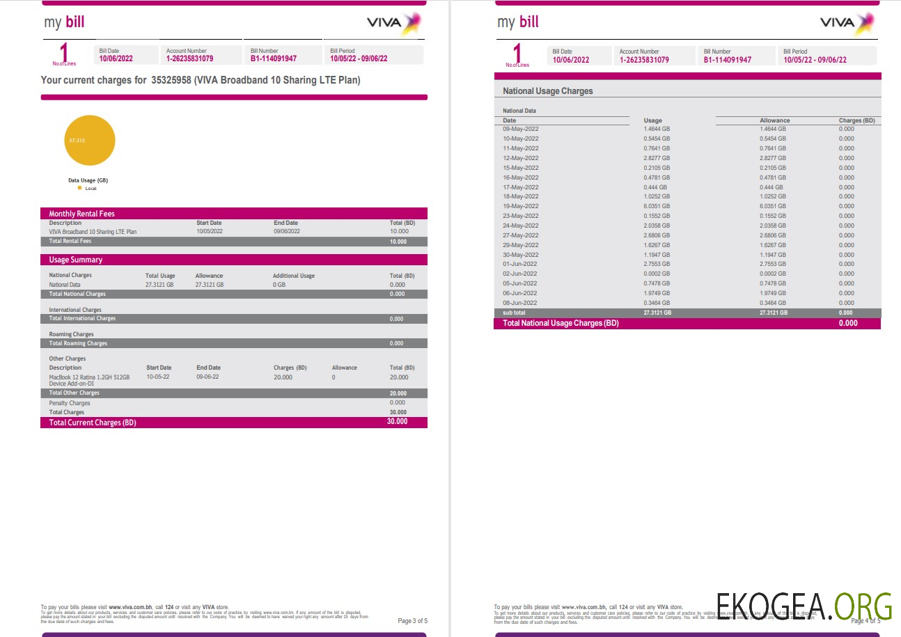 Bahrain Viva my utility bill Word and PDF template, 5 pages 3 4